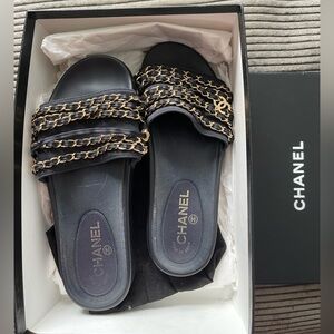 CHANEL Satin Canvas Chain Slides Sandals Flats size 39 (fits 38.5)